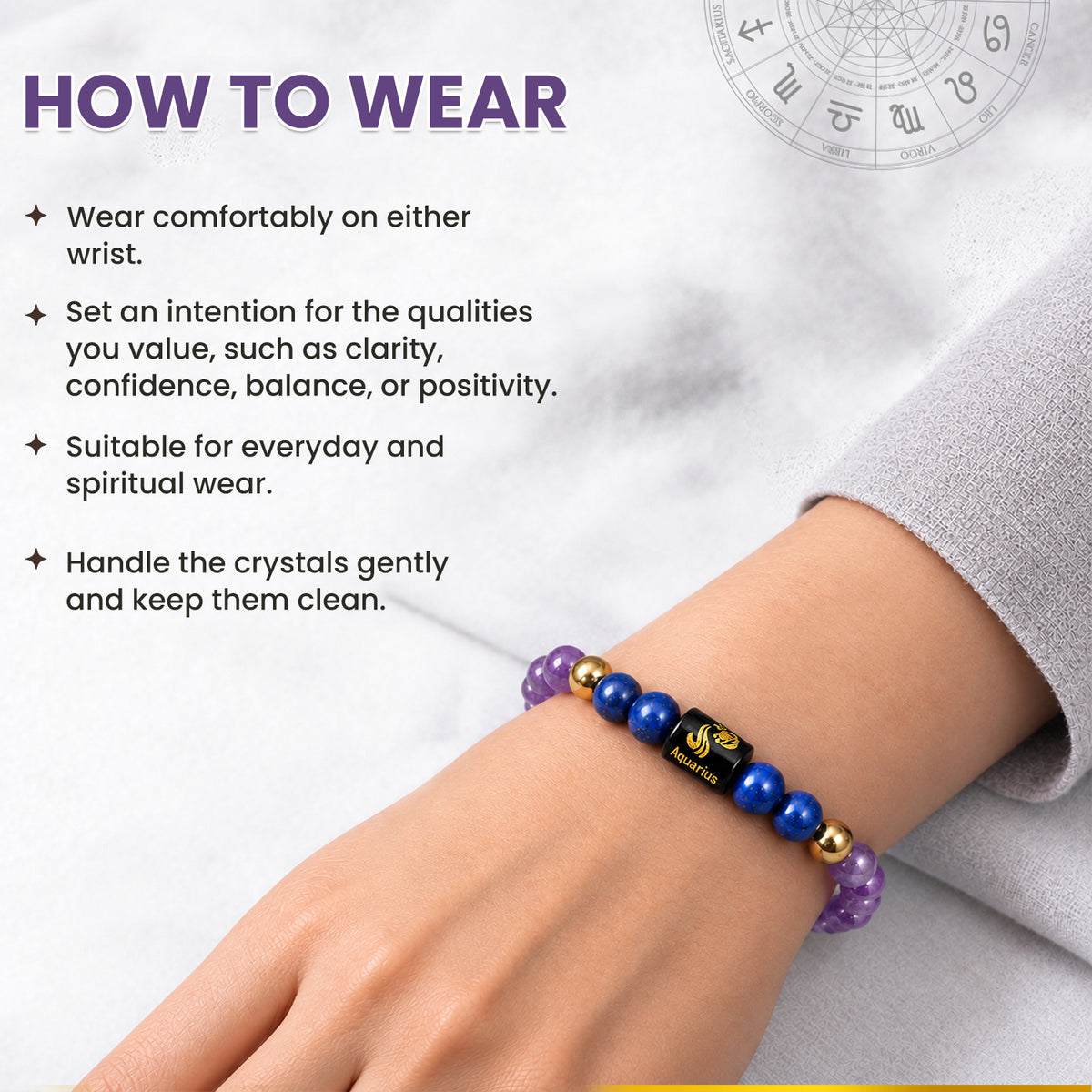 Aquarius (कुंभ राशि) Zodiac Amethyst & Lapis Lazuli Crystal Bracelet