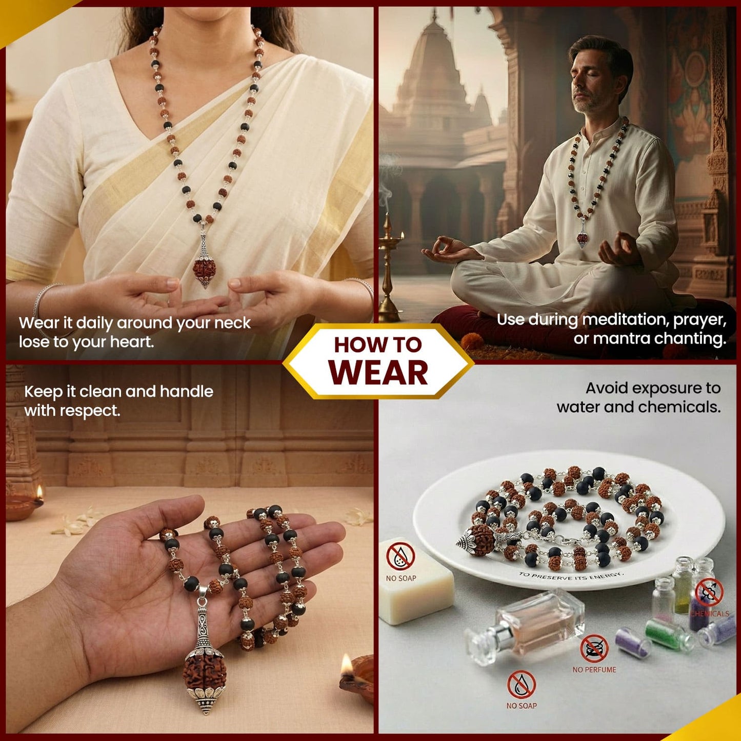Hanuman protection necklace with natural Rudraksha beads