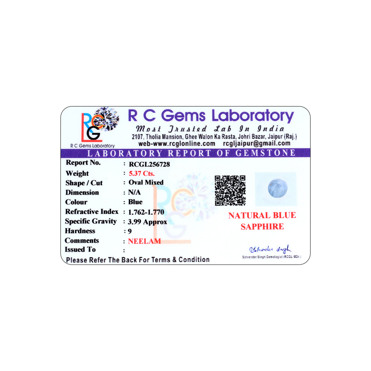Neelam (Blue Sapphire) 5.37 Cts.