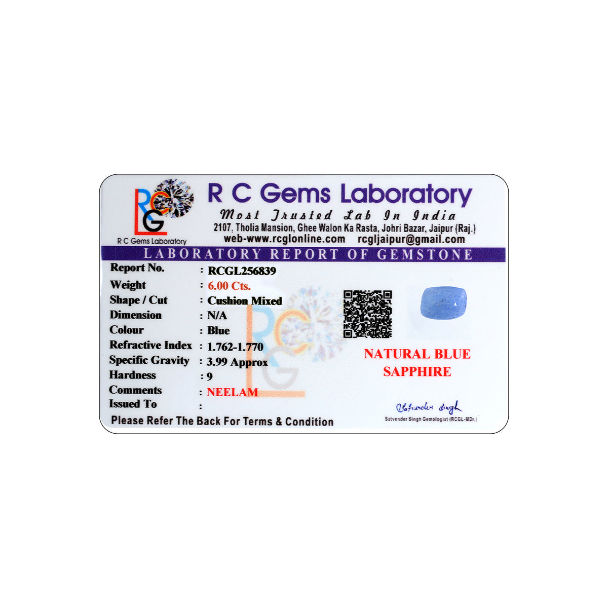 Neelam (Blue Sapphire) 6.00 Cts