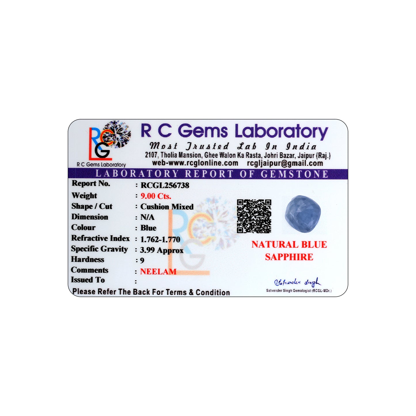 Neelam (Blue Sapphire) 9.00 Cts