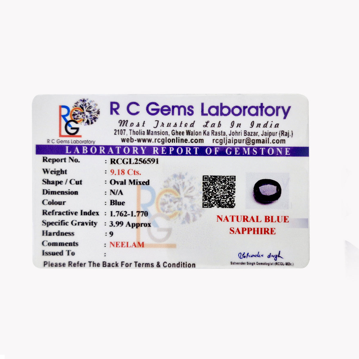 Neelam (Blue Sapphire) 9.18 Cts.