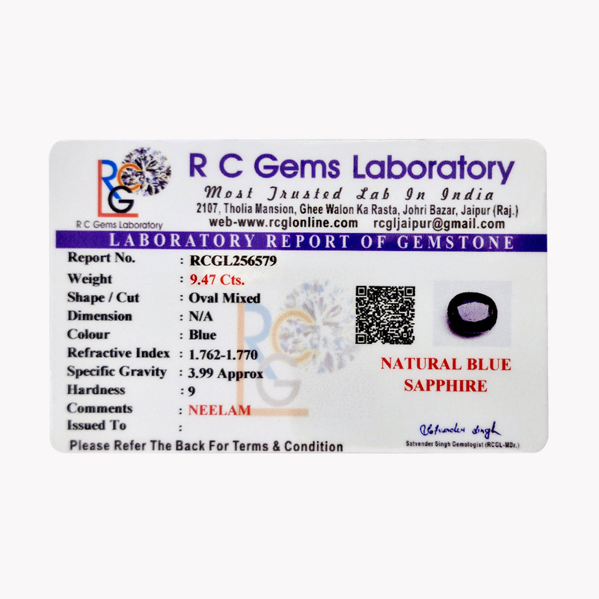 Neelam (Blue Sapphire) 9.47 Cts.