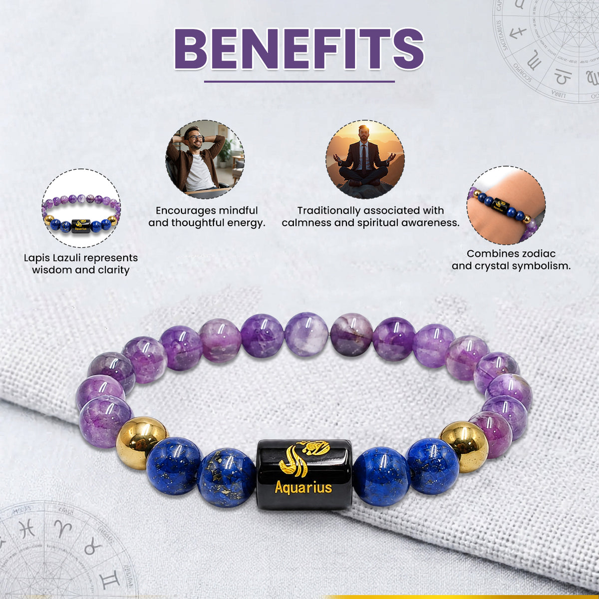 Aquarius (कुंभ राशि) Zodiac Amethyst & Lapis Lazuli Crystal Bracelet