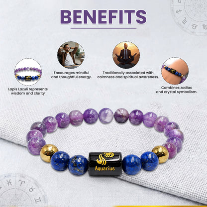 Aquarius (कुंभ राशि) Zodiac Amethyst & Lapis Lazuli Crystal Bracelet