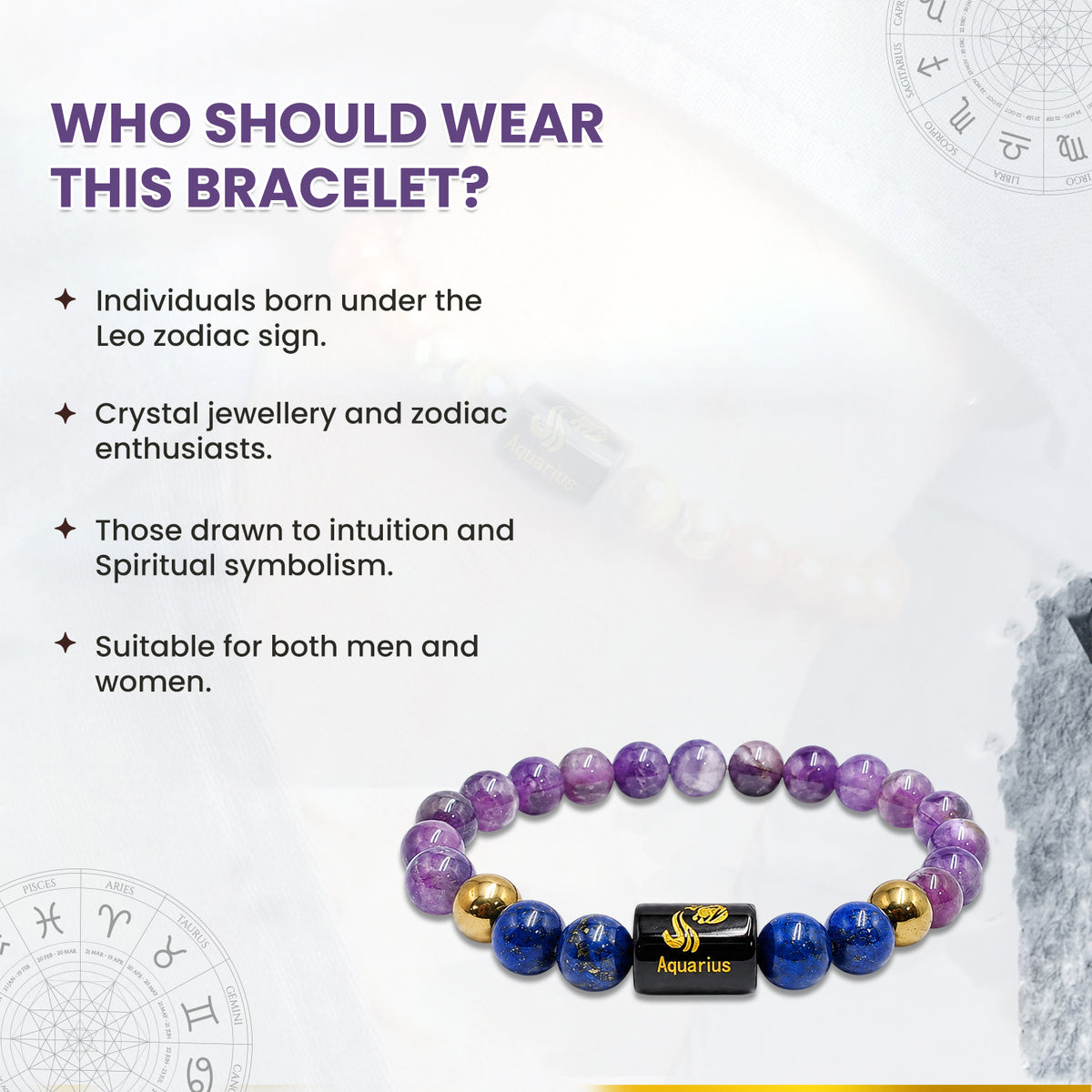Aquarius (कुंभ राशि) Zodiac Amethyst & Lapis Lazuli Crystal Bracelet