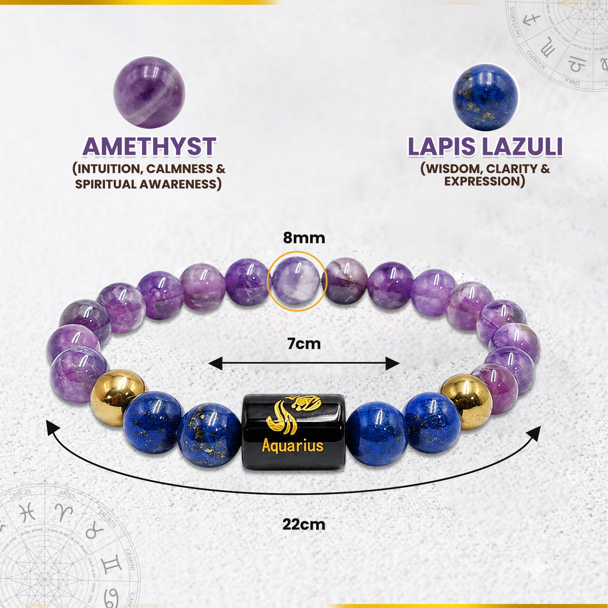Aquarius (कुंभ राशि) Zodiac Amethyst & Lapis Lazuli Crystal Bracelet