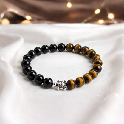 Black Obsidian and Tiger Eye Bracelet with Turtle Charm