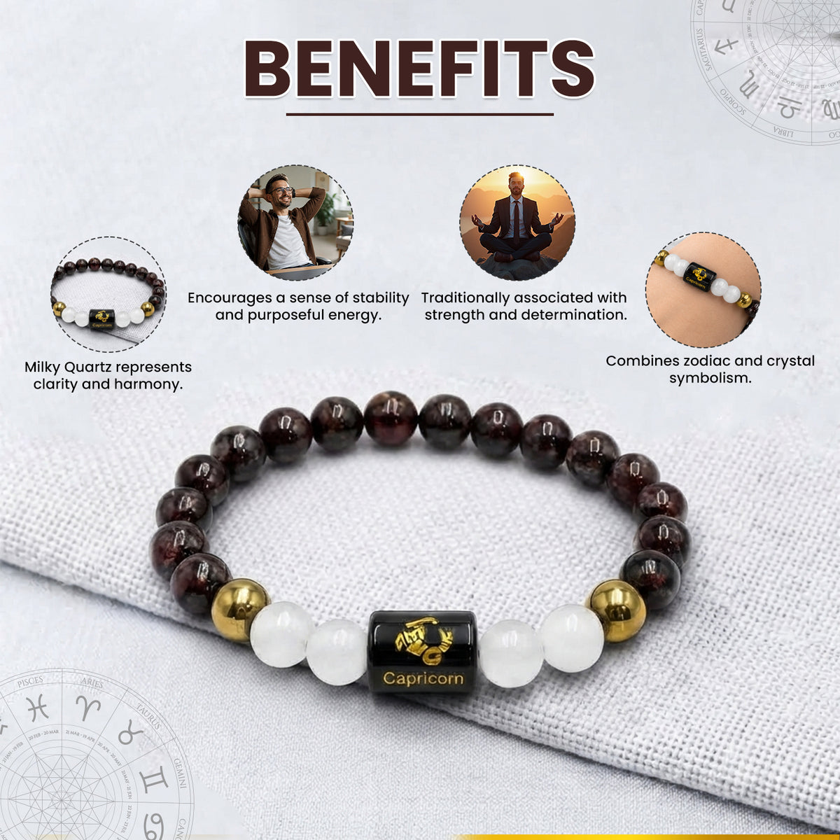 Capricorn (मकर राशि) Zodiac Garnet & Milky Quartz Crystal Bracelet