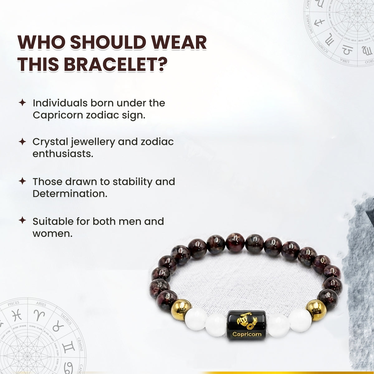 Capricorn (मकर राशि) Zodiac Garnet & Milky Quartz Crystal Bracelet