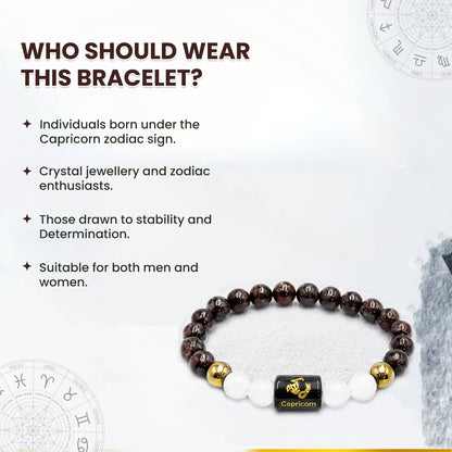 Capricorn (मकर राशि) Zodiac Garnet & Milky Quartz Crystal Bracelet