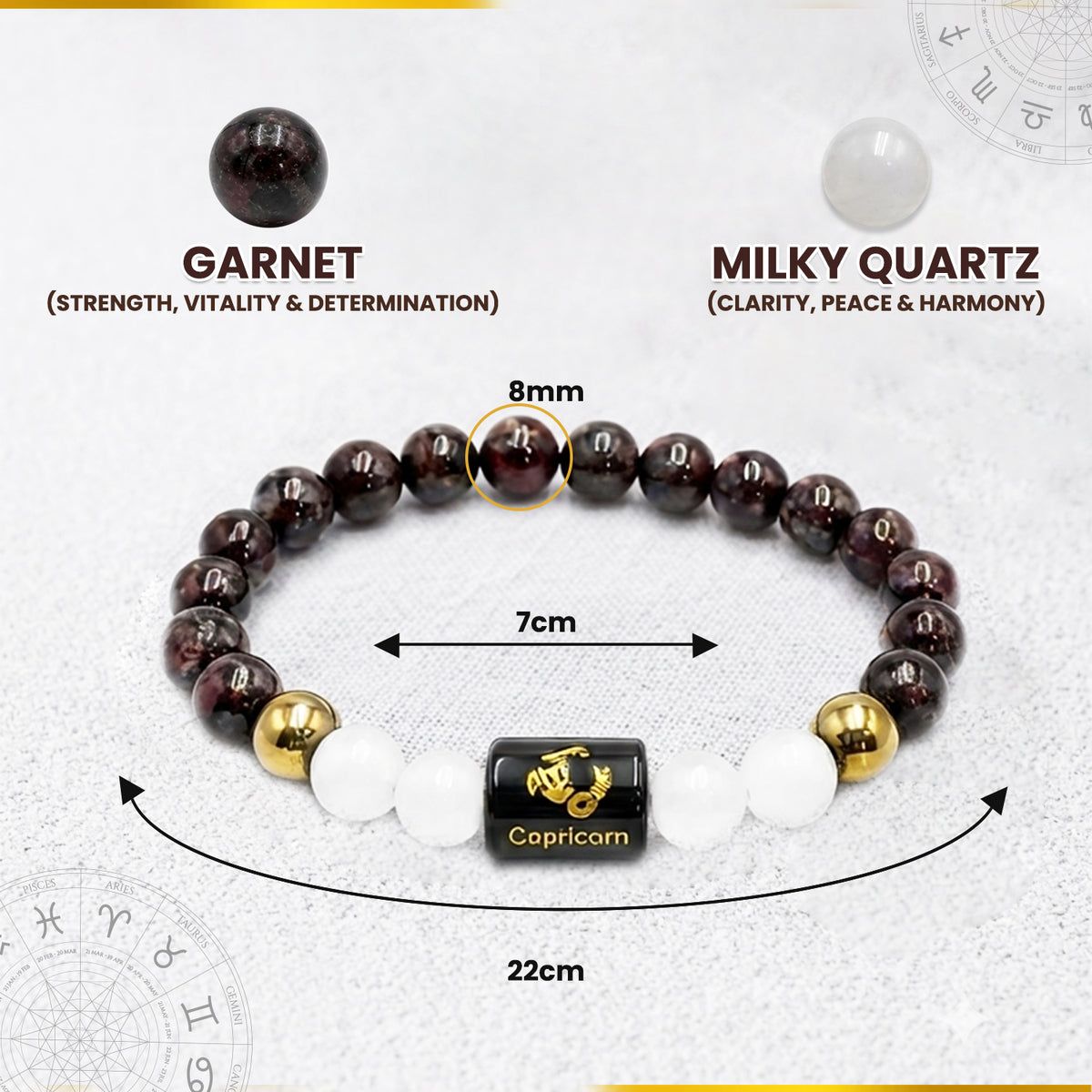 Capricorn (मकर राशि) Zodiac Garnet & Milky Quartz Crystal Bracelet