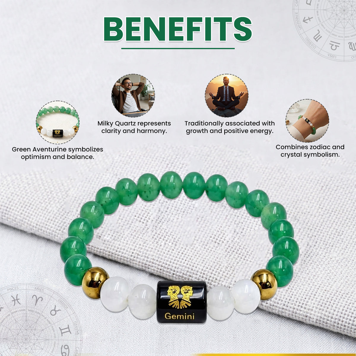 Gemini (मिथुन राशि) Zodiac Green Aventurine & Milky Quartz Crystal Bracelet