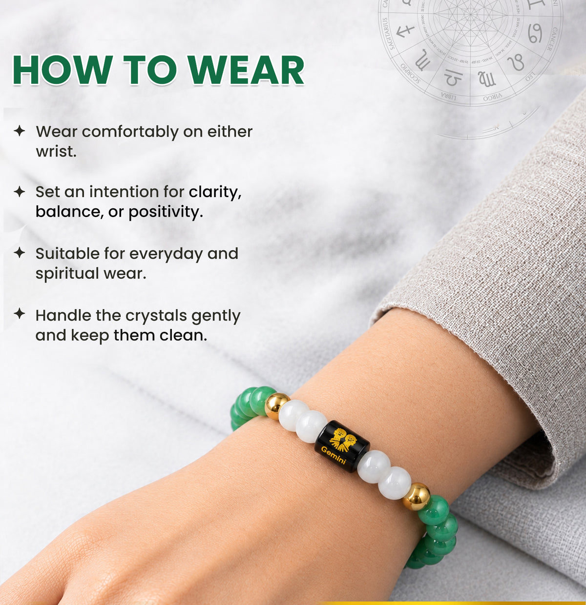 Gemini (मिथुन राशि) Zodiac Green Aventurine & Milky Quartz Crystal Bracelet