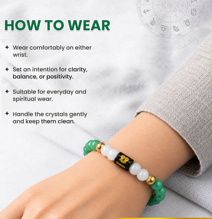 Gemini (मिथुन राशि) Zodiac Green Aventurine & Milky Quartz Crystal Bracelet