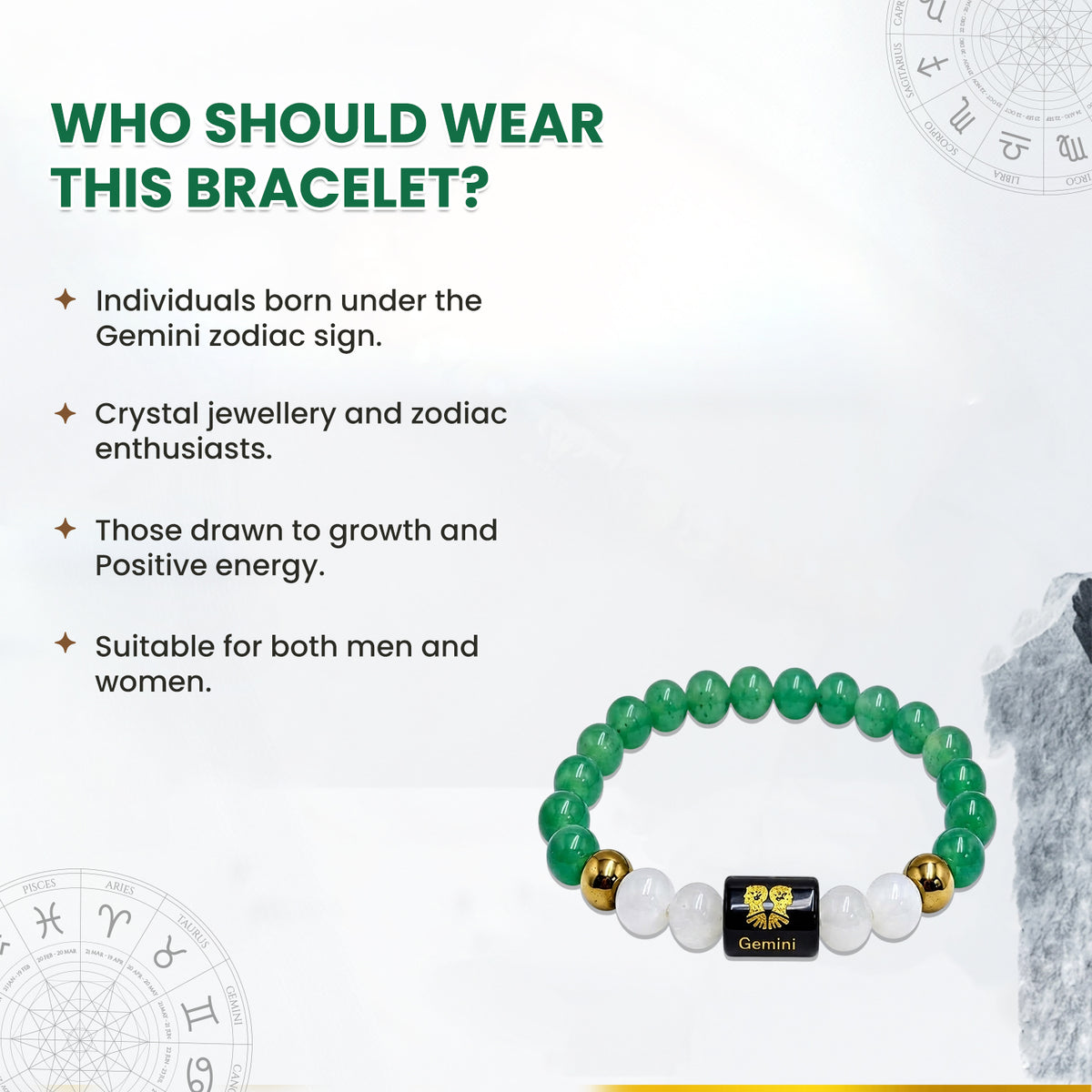Gemini (मिथुन राशि) Zodiac Green Aventurine & Milky Quartz Crystal Bracelet