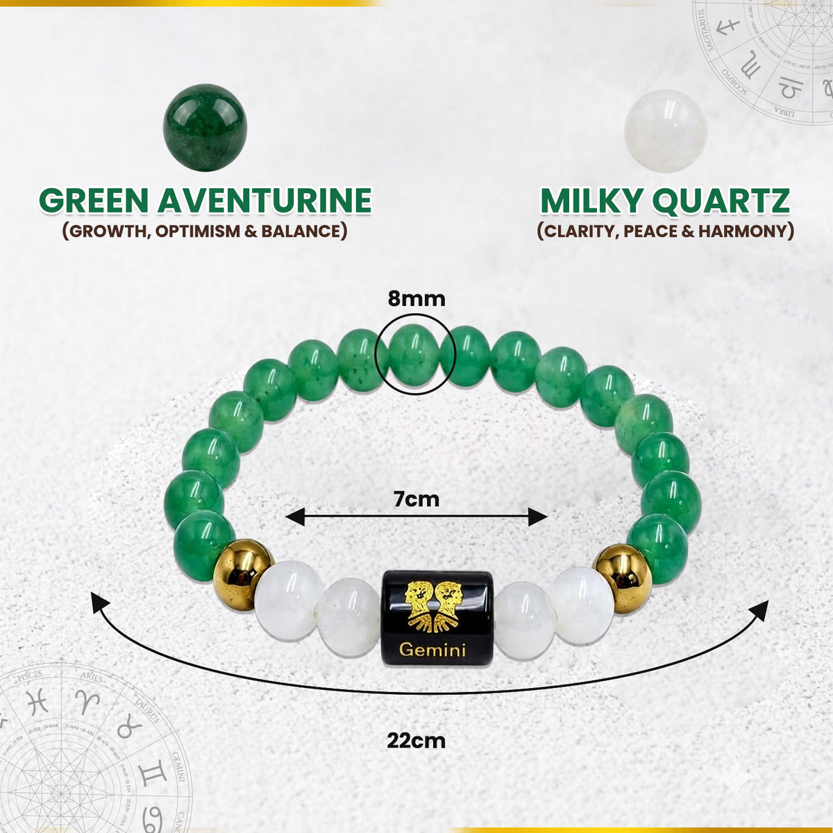 Gemini (मिथुन राशि) Zodiac Green Aventurine & Milky Quartz Crystal Bracelet