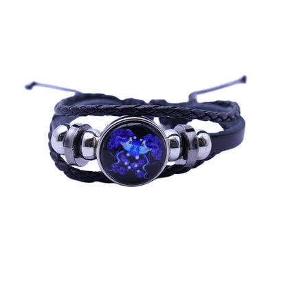 Zodiac Bracelet–Elegant Black Leather Design with 12 Constellation Signs