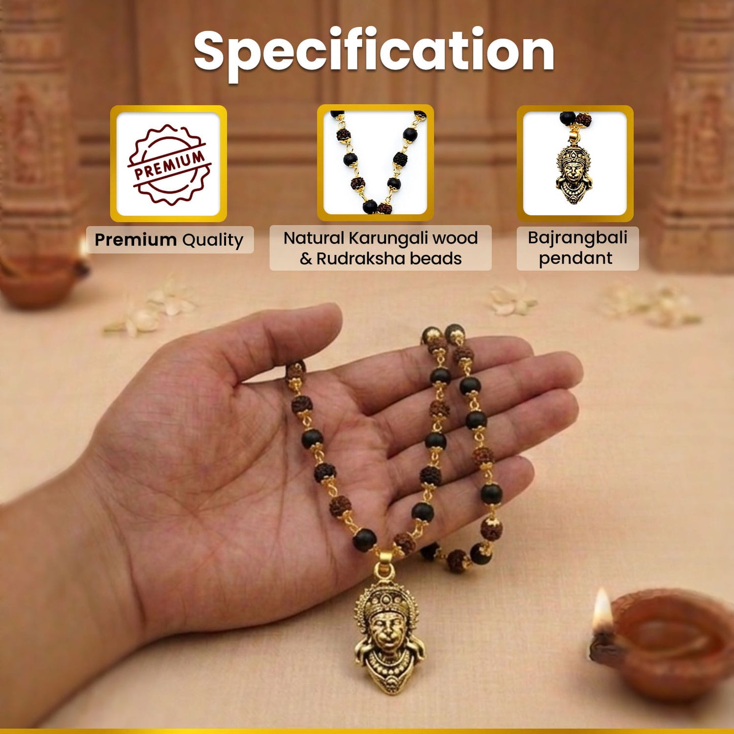 Gold Plated Bajrangbali Karungali Rudraksha Necklace