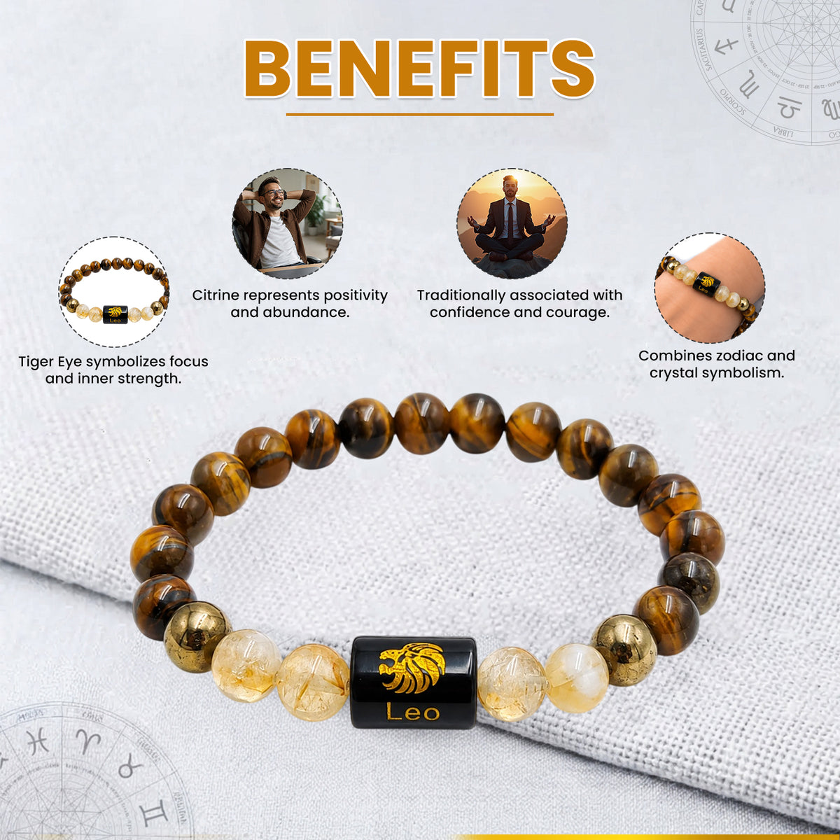 Leo (सिंह राशि) Zodiac Tiger Eye & Citrine Crystal Bracelet