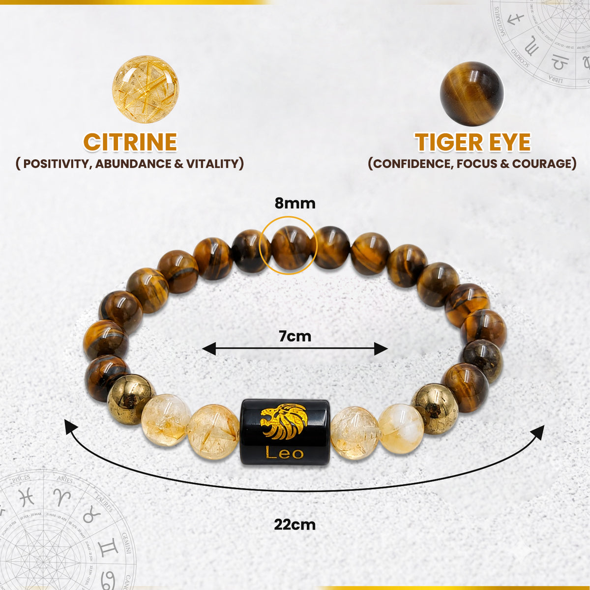 Leo (सिंह राशि) Zodiac Tiger Eye & Citrine Crystal Bracelet