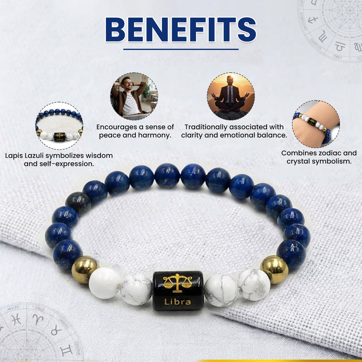 Libra (तुला राशि) Zodiac Lapis Lazuli & Howlite Crystal Bracelet