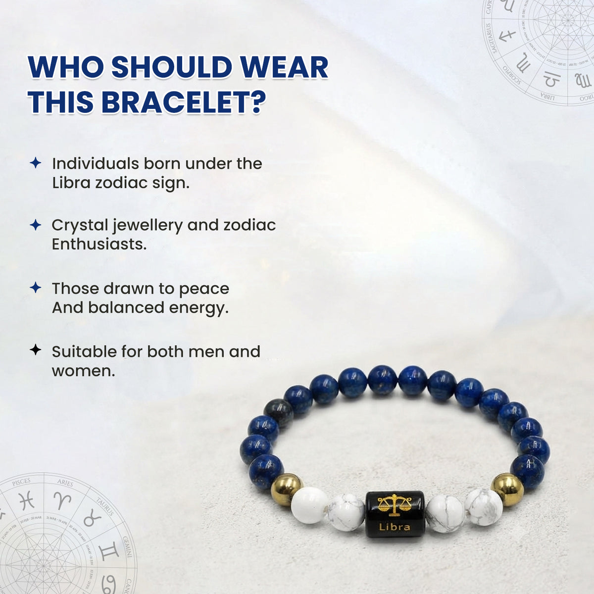 Libra (तुला राशि) Zodiac Lapis Lazuli & Howlite Crystal Bracelet