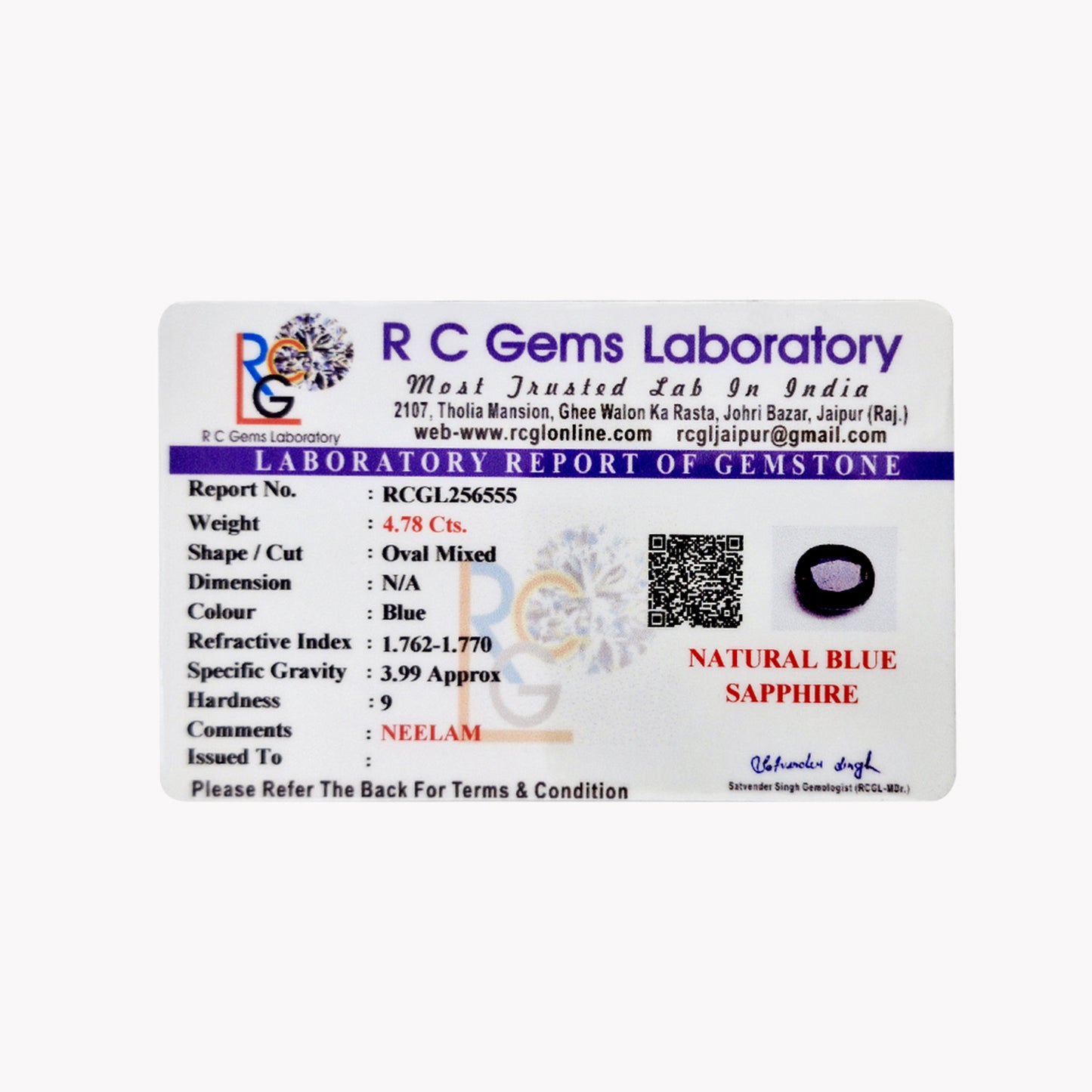 Neelam (Blue Sapphire) 4.78 Cts.