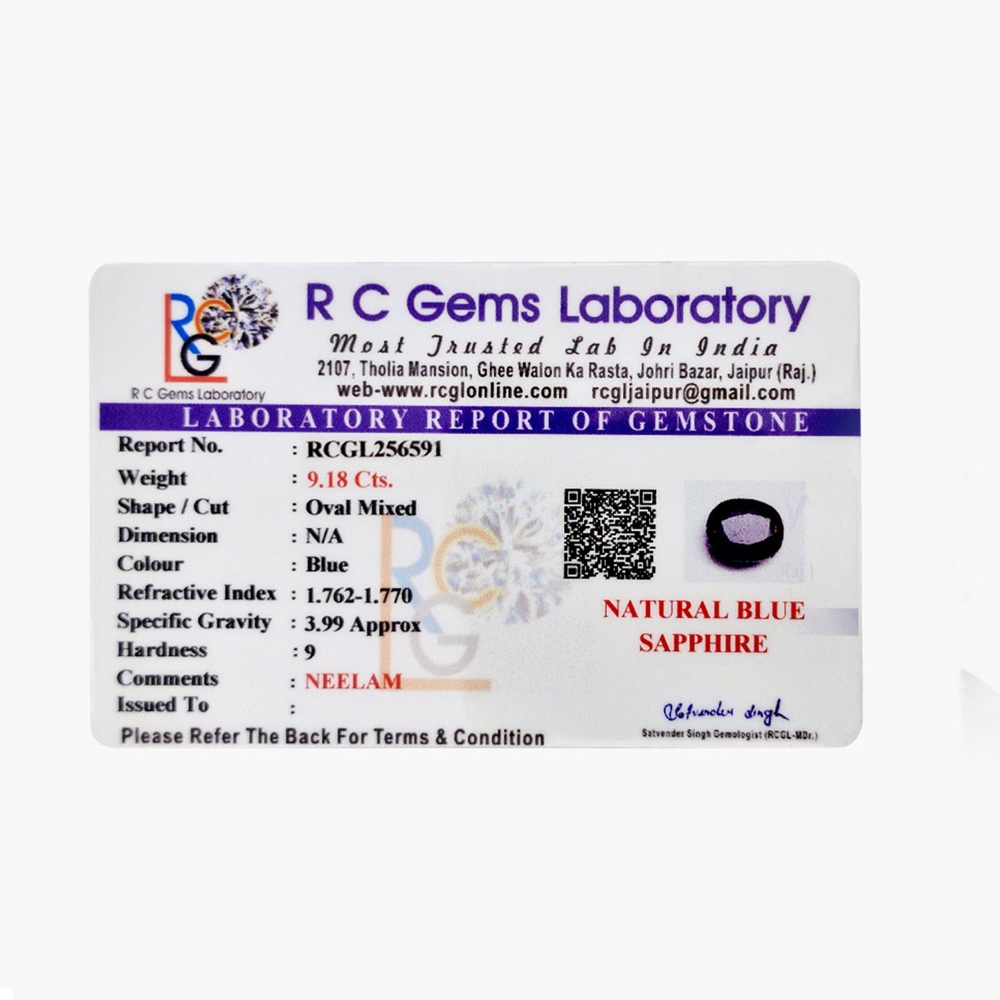 Neelam (Blue Sapphire) 9.18 Cts.