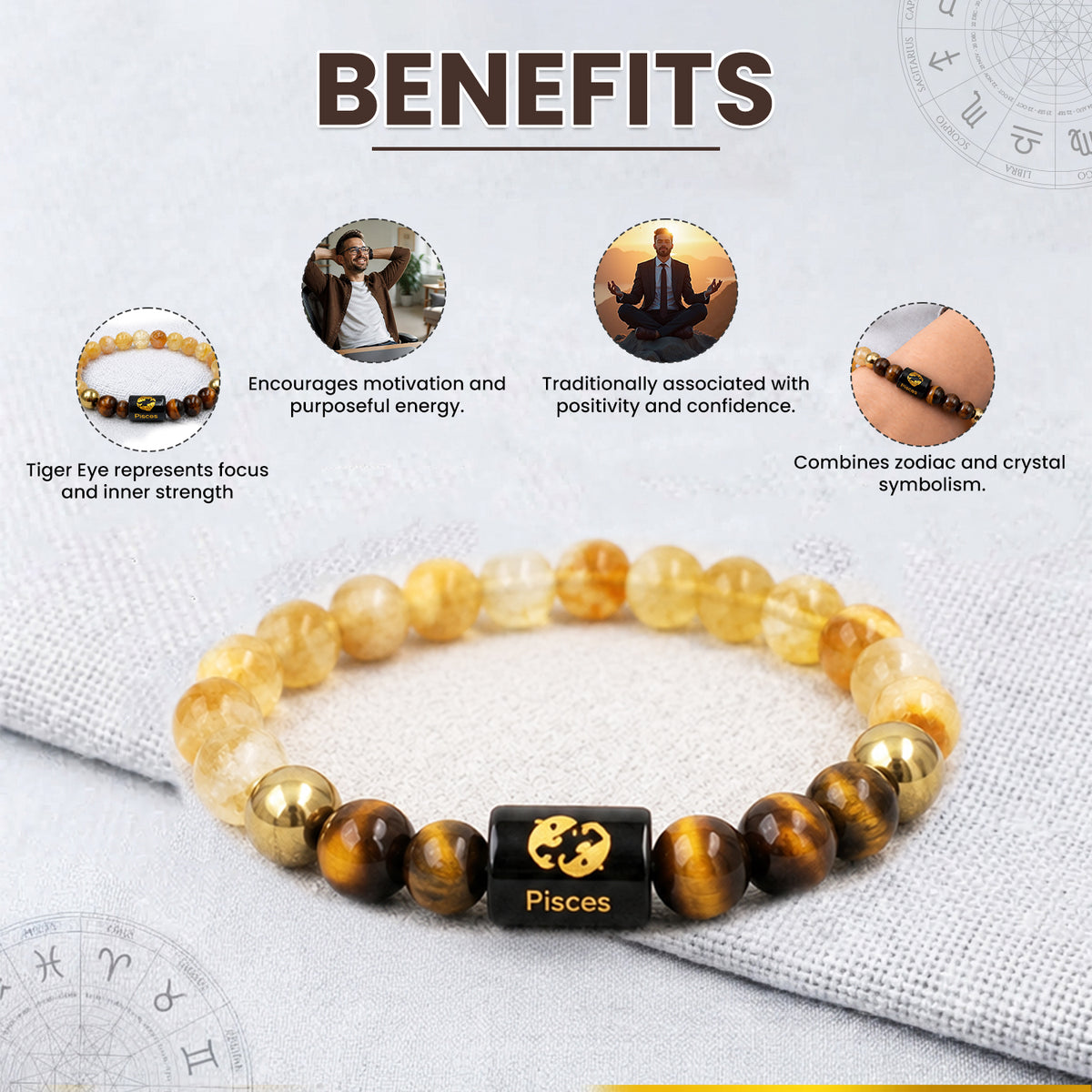 Pisces (मीन राशि) Zodiac Citrine & Tiger Eye Crystal Bracelet