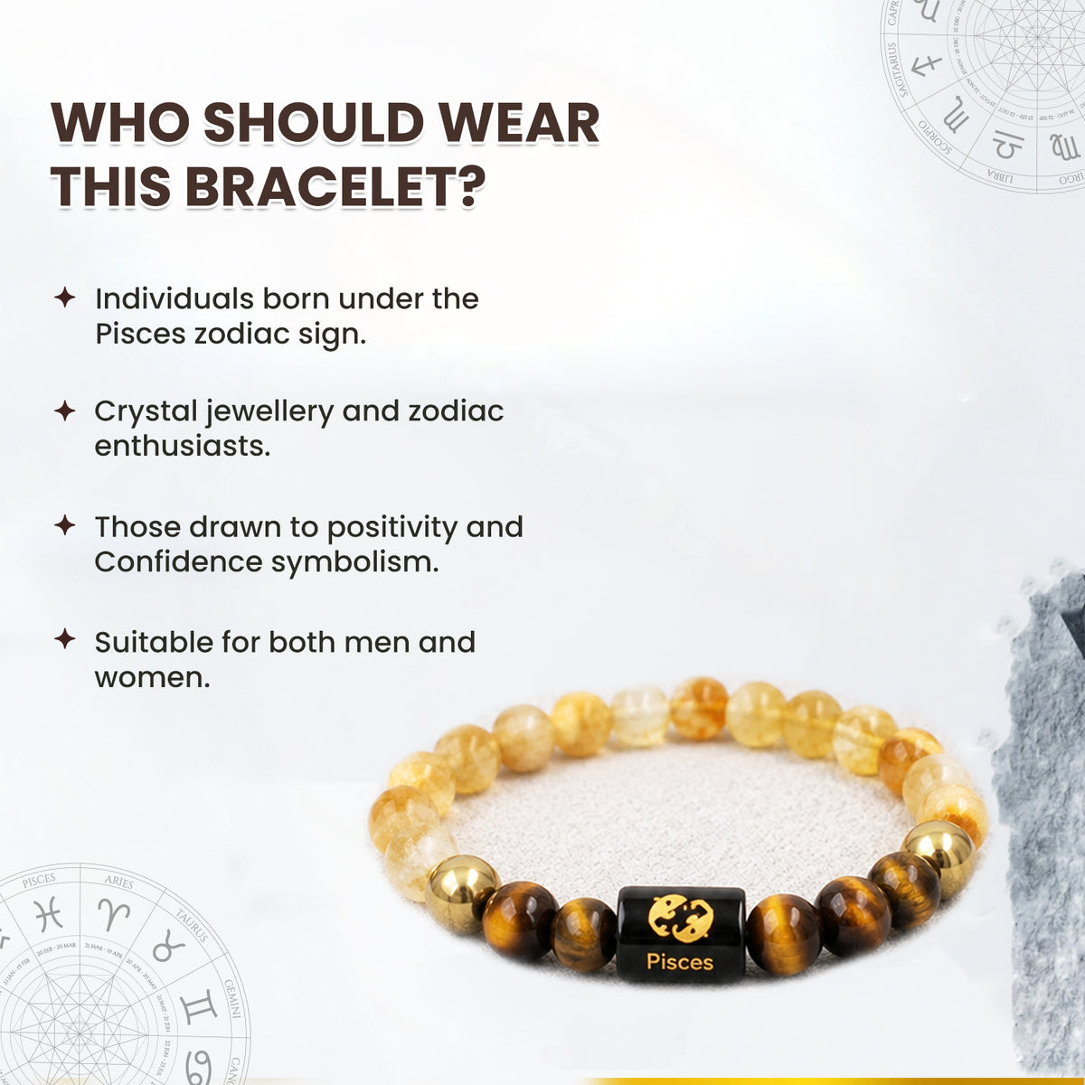 Pisces (मीन राशि) Zodiac Citrine & Tiger Eye Crystal Bracelet