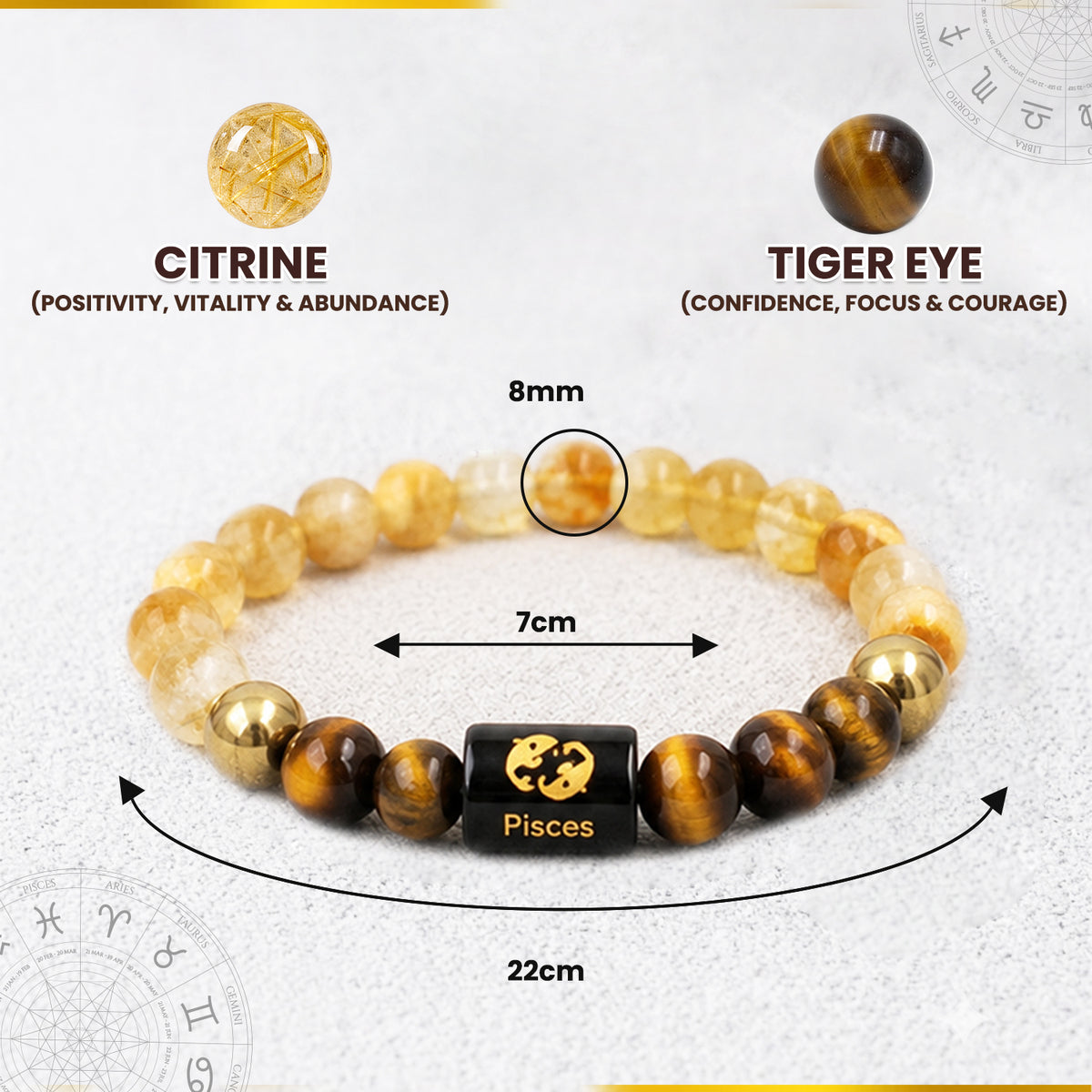 Pisces (मीन राशि) Zodiac Citrine & Tiger Eye Crystal Bracelet