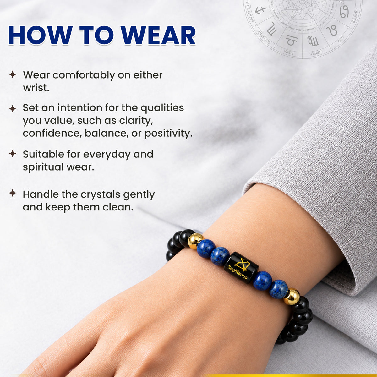 Sagittarius (धनु राशि) Zodiac Black Obsidian & Lapis Lazuli Crystal Bracelet
