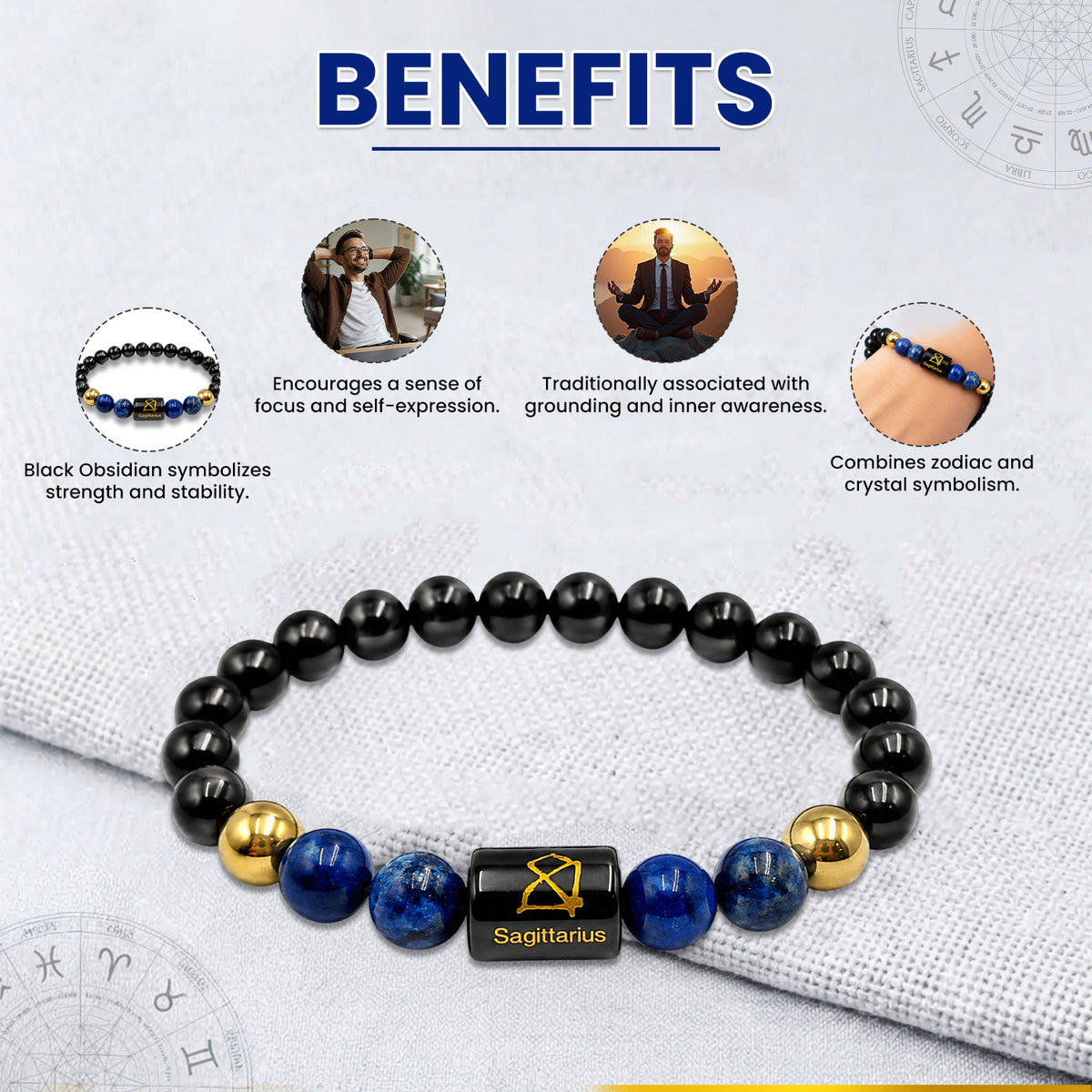 Sagittarius (धनु राशि) Zodiac Black Obsidian & Lapis Lazuli Crystal Bracelet