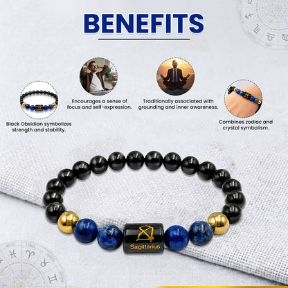Sagittarius (धनु राशि) Zodiac Black Obsidian & Lapis Lazuli Crystal Bracelet