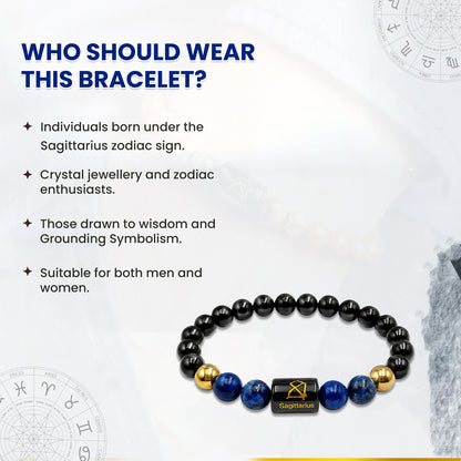 Sagittarius (धनु राशि) Zodiac Black Obsidian & Lapis Lazuli Crystal Bracelet