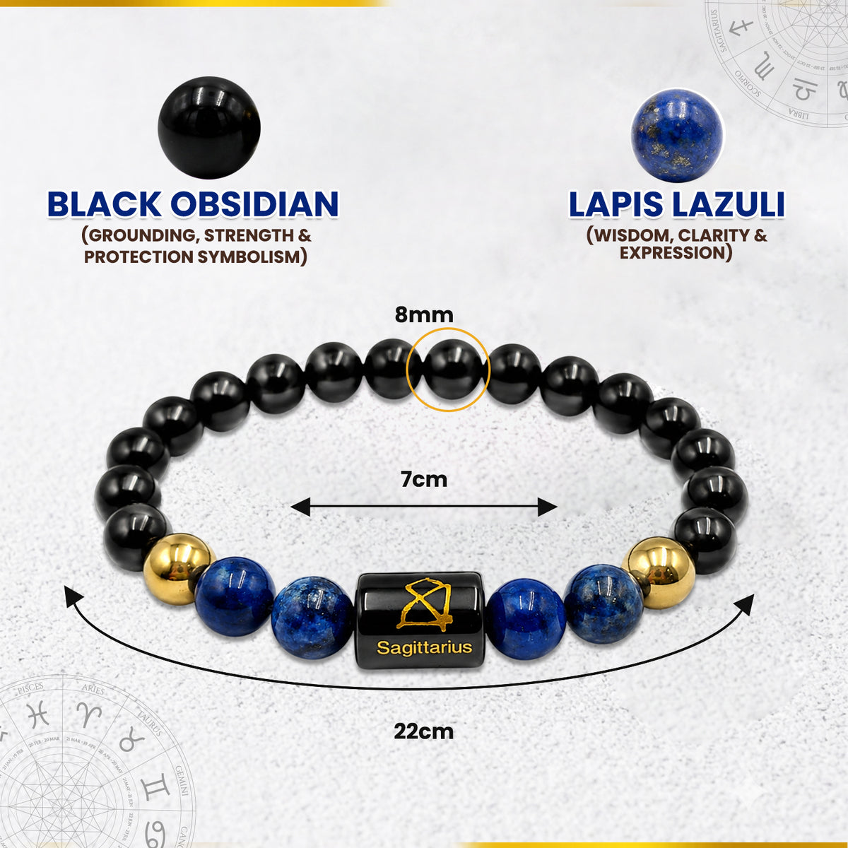 Sagittarius (धनु राशि) Zodiac Black Obsidian & Lapis Lazuli Crystal Bracelet