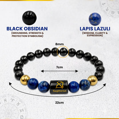 Sagittarius (धनु राशि) Zodiac Black Obsidian & Lapis Lazuli Crystal Bracelet