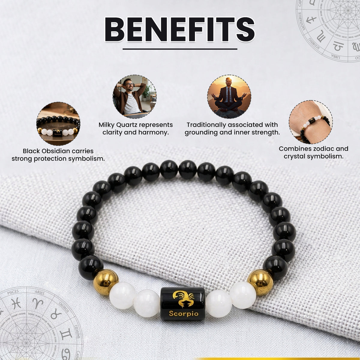 Scorpio (वृश्चिक राशि) Zodiac Black Obsidian & Milky Quartz Crystal Bracelet