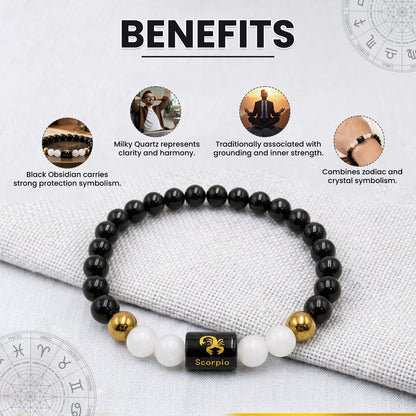 Scorpio (वृश्चिक राशि) Zodiac Black Obsidian & Milky Quartz Crystal Bracelet