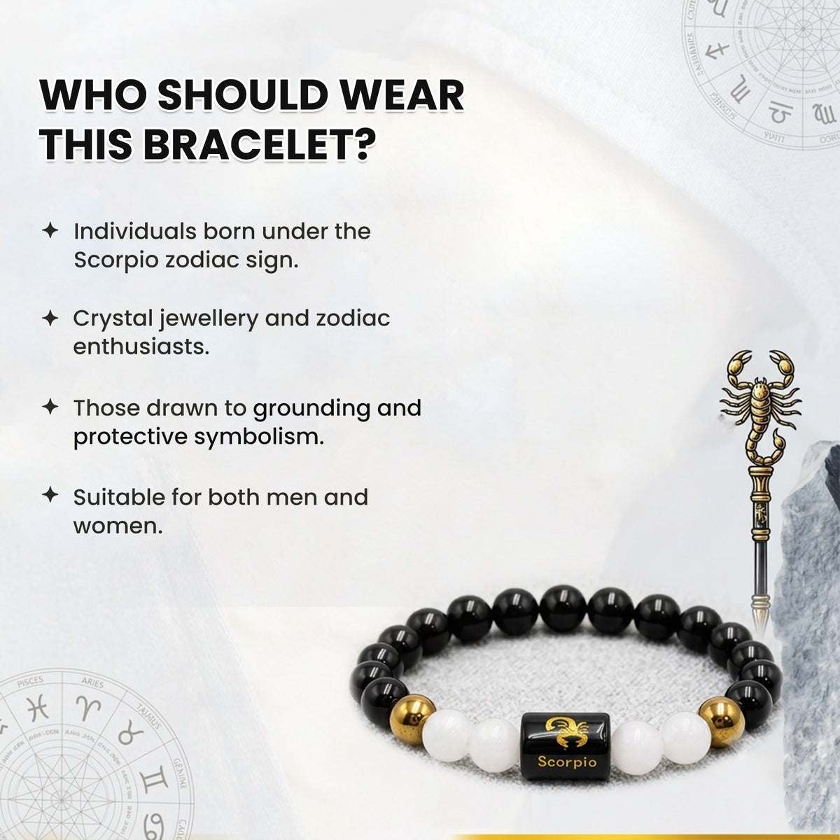 Scorpio (वृश्चिक राशि) Zodiac Black Obsidian & Milky Quartz Crystal Bracelet