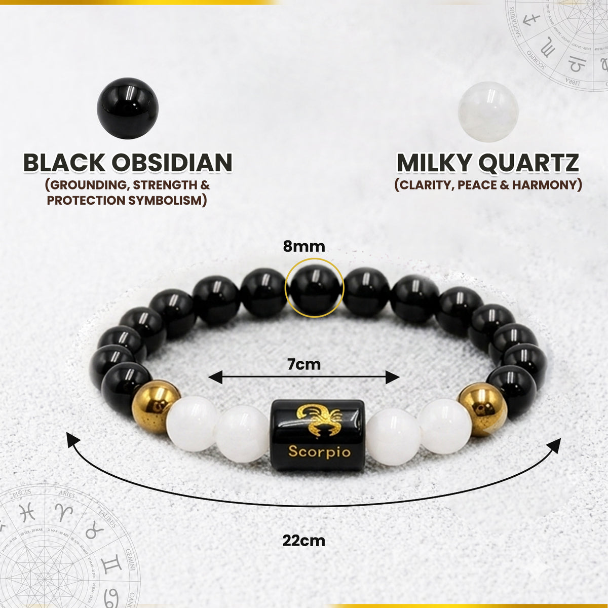 Scorpio (वृश्चिक राशि) Zodiac Black Obsidian & Milky Quartz Crystal Bracelet