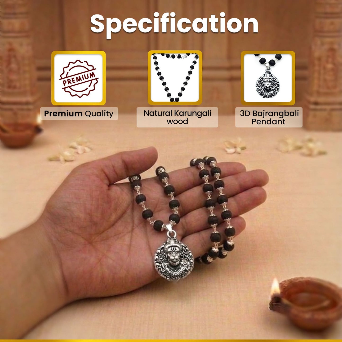 Silver Plated 3D Bajrangbali Pendant with Karungali Mala