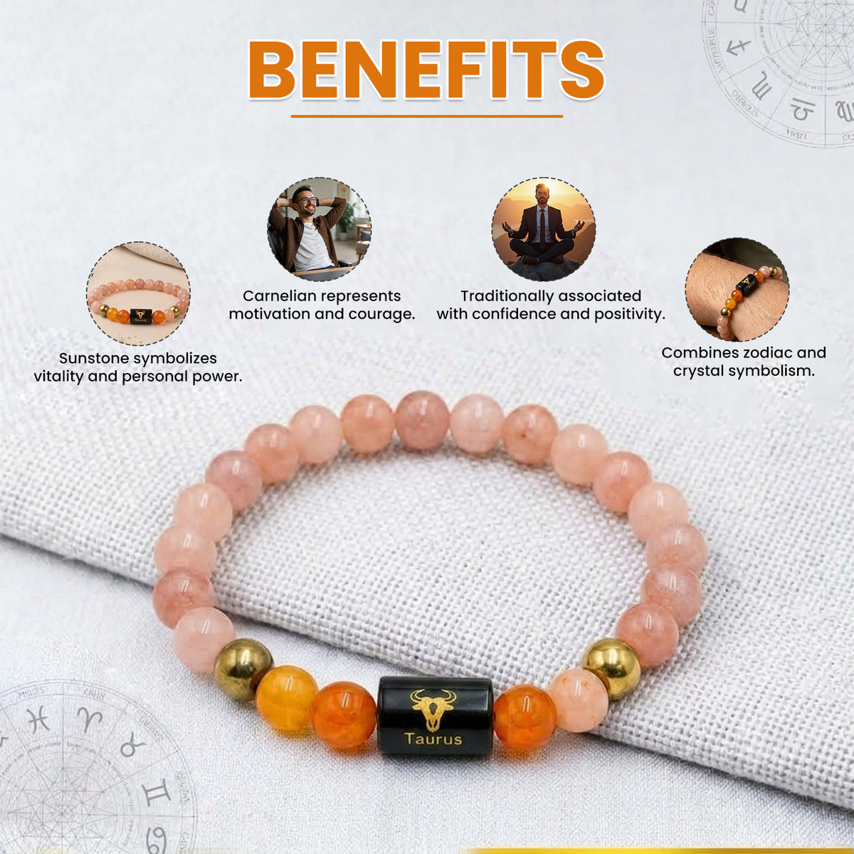 Taurus (वृषभ राशि) Zodiac Sunstone & Carnelian Crystal  Bracelet