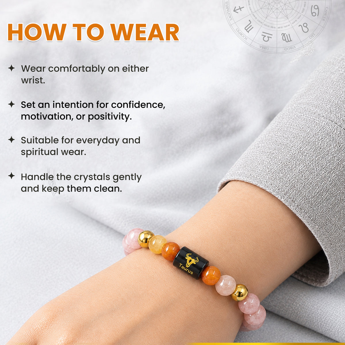 Taurus (वृषभ राशि) Zodiac Sunstone & Carnelian Crystal  Bracelet