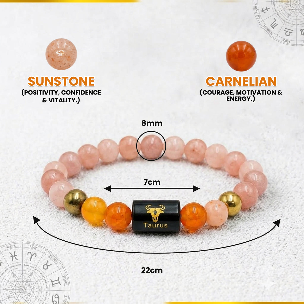 Taurus (वृषभ राशि) Zodiac Sunstone & Carnelian Crystal  Bracelet