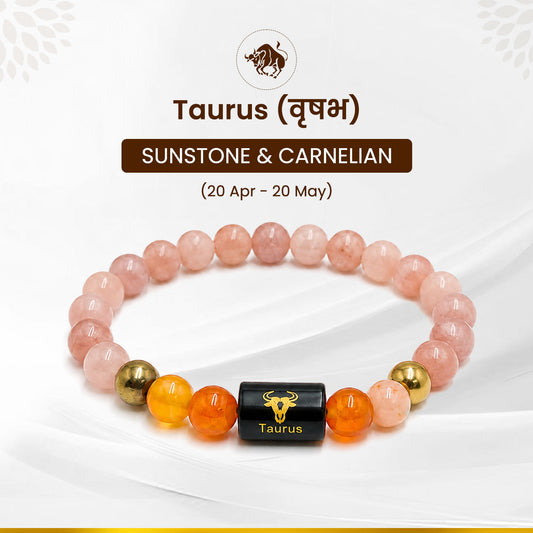 Taurus (वृषभ राशि) Zodiac Sunstone & Carnelian Crystal  Bracelet