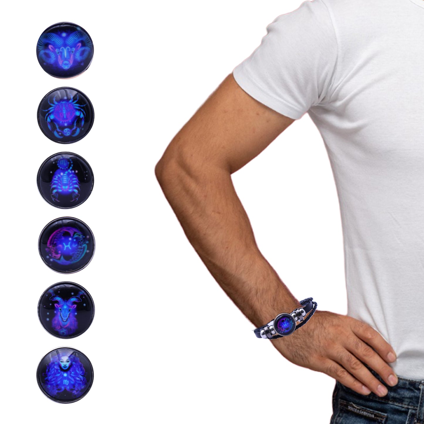 Zodiac Bracelet–Elegant Black Leather Design with 12 Constellation Signs