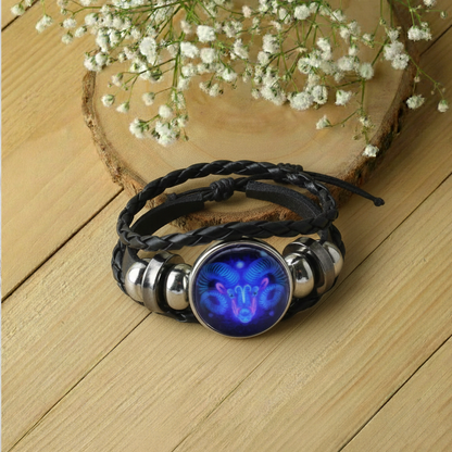 Zodiac Bracelet–Elegant Black Leather Design with 12 Constellation Signs