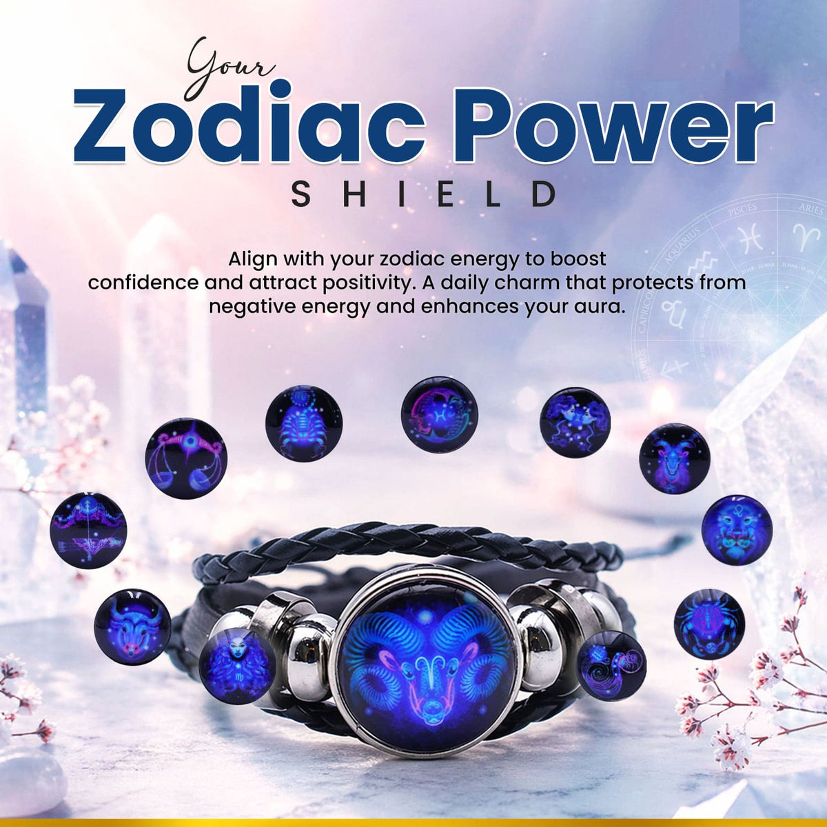 Original Zodiac Bracelet with Black Leather Design & 12 Constellation ...